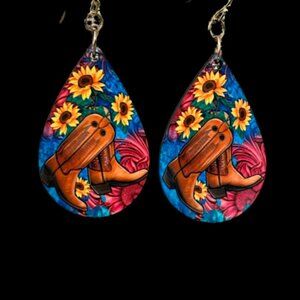 Cute Boot Earrings-Western style with sunflowers